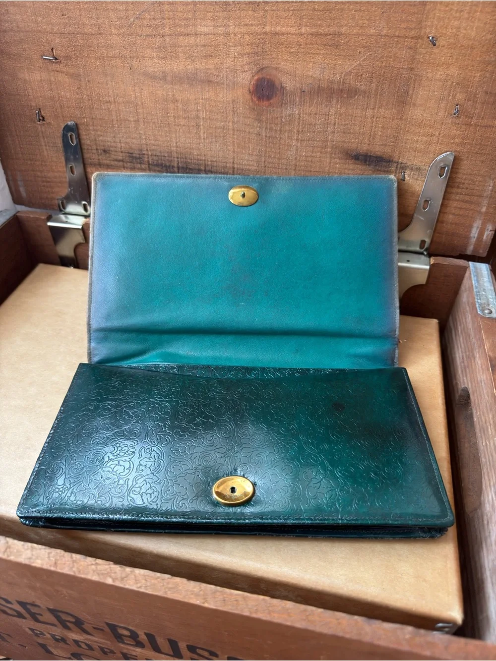 Vintage mid-century Florentine green & gold leather embossed bag w mirror